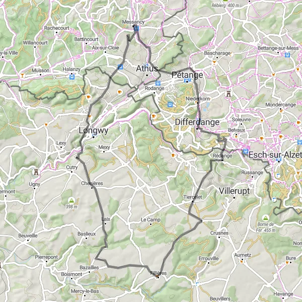 Miniatuurkaart van de fietsinspiratie "Pittoreske route door Aubange en omgeving" in Prov. Luxembourg (BE), Belgium. Gemaakt door de Tarmacs.app fietsrouteplanner