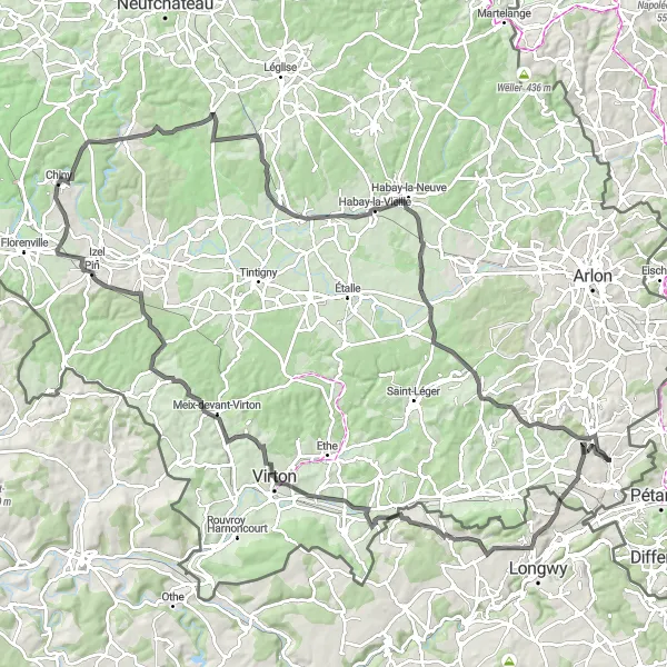 Karten-Miniaturansicht der Radinspiration "Lange Radtour über 119 km von Messancy nach Marbehan" in Prov. Luxembourg (BE), Belgium. Erstellt vom Tarmacs.app-Routenplaner für Radtouren