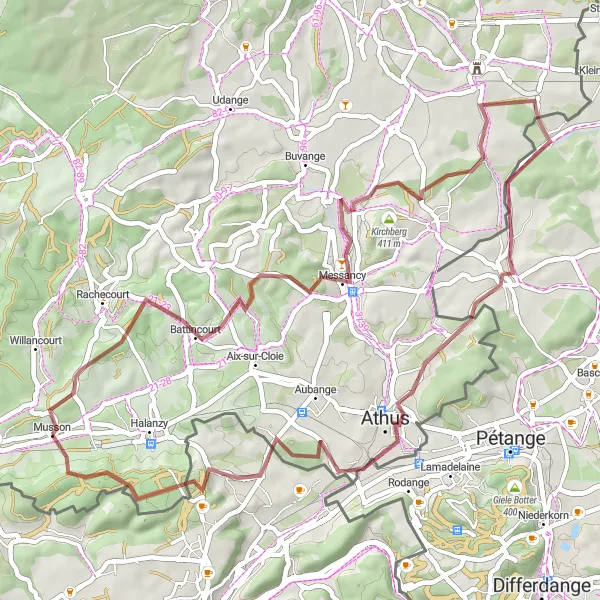 Karten-Miniaturansicht der Radinspiration "Gravelabenteuer durch Musson und Umgebung" in Prov. Luxembourg (BE), Belgium. Erstellt vom Tarmacs.app-Routenplaner für Radtouren