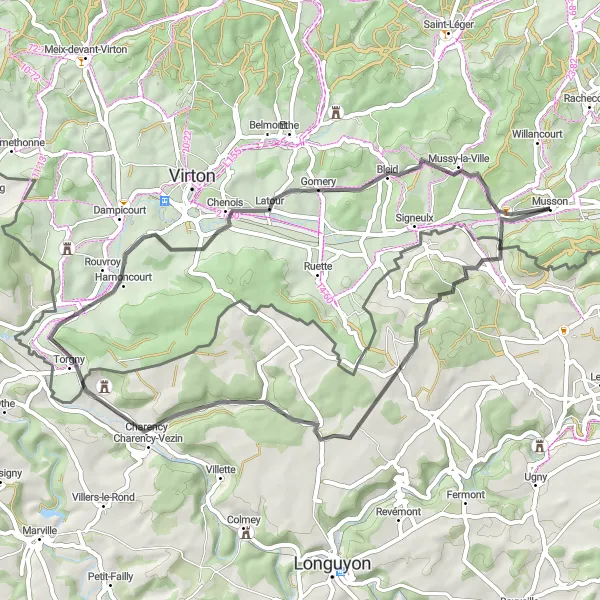 Miniatuurkaart van de fietsinspiratie "Roadtrip vanuit Musson naar Mussy-la-Ville" in Prov. Luxembourg (BE), Belgium. Gemaakt door de Tarmacs.app fietsrouteplanner