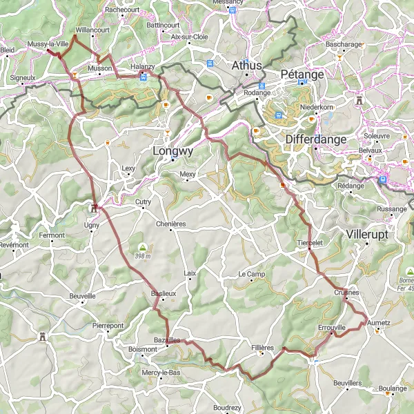 Miniatuurkaart van de fietsinspiratie "Gravelroute Mussy-la-Ville naar Cons-la-Grandville" in Prov. Luxembourg (BE), Belgium. Gemaakt door de Tarmacs.app fietsrouteplanner