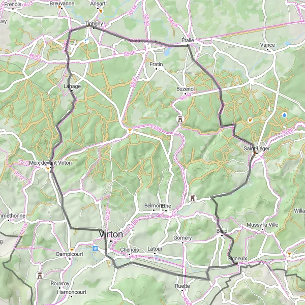 Miniatuurkaart van de fietsinspiratie "Rondrit van 53 km van Mussy-la-Ville via Virton naar Signeulx" in Prov. Luxembourg (BE), Belgium. Gemaakt door de Tarmacs.app fietsrouteplanner