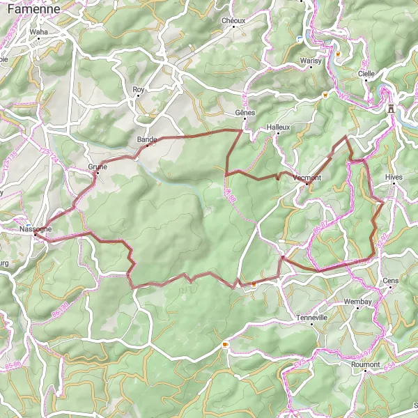 Miniature de la carte de l'inspiration cycliste "Les collines de Nassogne" dans la Prov. Luxembourg (BE), Belgium. Générée par le planificateur d'itinéraire cycliste Tarmacs.app