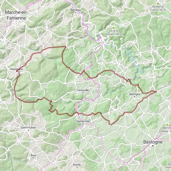 Map miniature of "Nassogne Gravel Adventure" cycling inspiration in Prov. Luxembourg (BE), Belgium. Generated by Tarmacs.app cycling route planner
