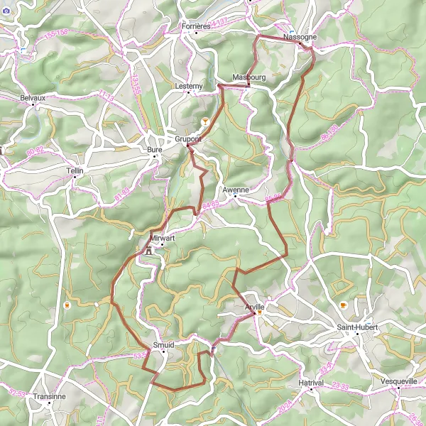 Map miniature of "Mirwart Castle Gravel Ride" cycling inspiration in Prov. Luxembourg (BE), Belgium. Generated by Tarmacs.app cycling route planner