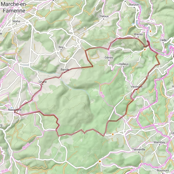 Karten-Miniaturansicht der Radinspiration "Nassogne Rundroute durch die Natur" in Prov. Luxembourg (BE), Belgium. Erstellt vom Tarmacs.app-Routenplaner für Radtouren