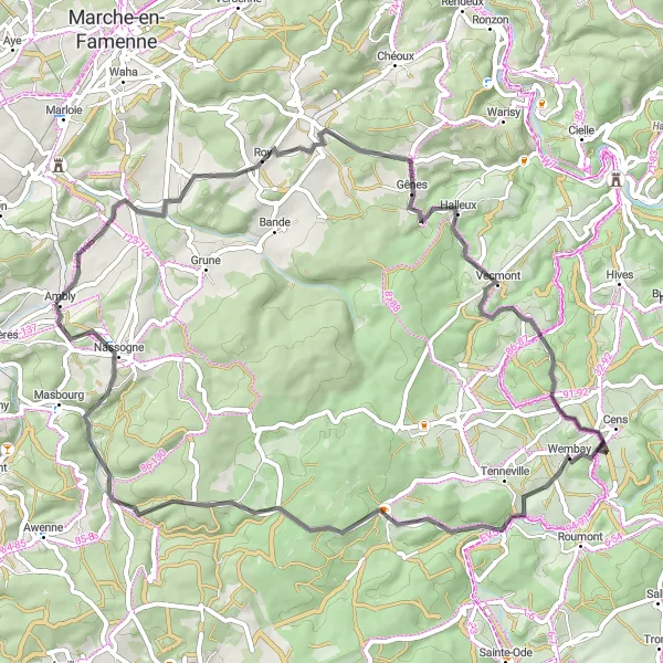 Miniature de la carte de l'inspiration cycliste "Escapade vers Wembay et Ambly" dans la Prov. Luxembourg (BE), Belgium. Générée par le planificateur d'itinéraire cycliste Tarmacs.app