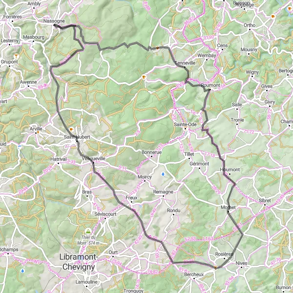 Map miniature of "The Hillside Adventure" cycling inspiration in Prov. Luxembourg (BE), Belgium. Generated by Tarmacs.app cycling route planner