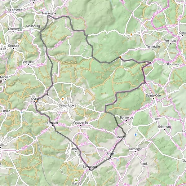 Map miniature of "The Serene Countryside Loop" cycling inspiration in Prov. Luxembourg (BE), Belgium. Generated by Tarmacs.app cycling route planner