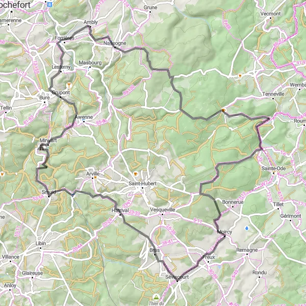 Map miniature of "The Historic Castle Route" cycling inspiration in Prov. Luxembourg (BE), Belgium. Generated by Tarmacs.app cycling route planner