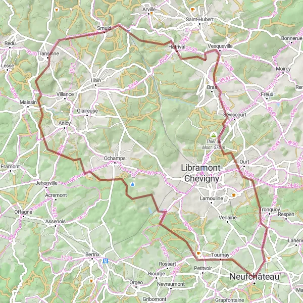 Map miniature of "Gravel Route - Neufchâteau to Grandvoir and Out" cycling inspiration in Prov. Luxembourg (BE), Belgium. Generated by Tarmacs.app cycling route planner