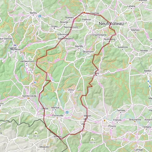 Map miniature of "Gravel Route - Neufchâteau to Rossart and Suxy" cycling inspiration in Prov. Luxembourg (BE), Belgium. Generated by Tarmacs.app cycling route planner