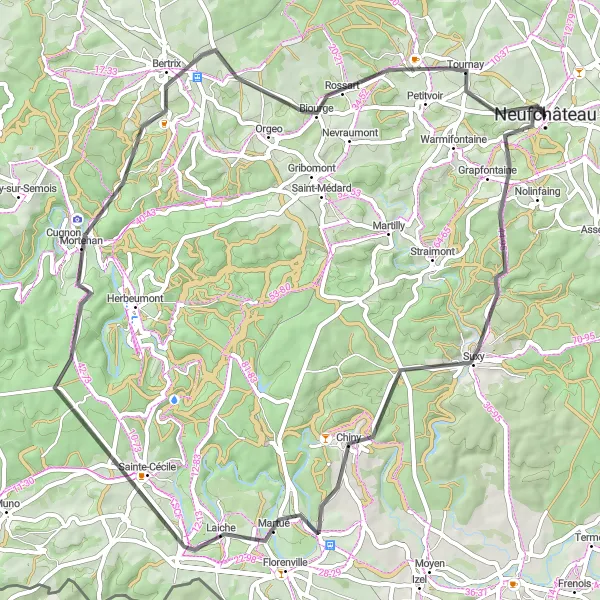 Map miniature of "The Suxy Loop" cycling inspiration in Prov. Luxembourg (BE), Belgium. Generated by Tarmacs.app cycling route planner