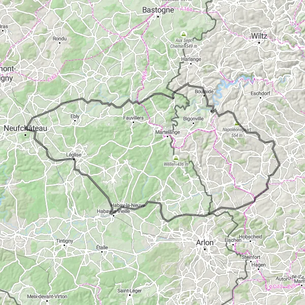 Map miniature of "The Ardennes Challenge" cycling inspiration in Prov. Luxembourg (BE), Belgium. Generated by Tarmacs.app cycling route planner