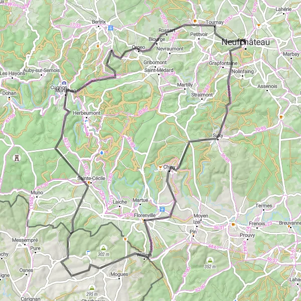 Miniatuurkaart van de fietsinspiratie "Fietsroute Neufchâteau - Chiny" in Prov. Luxembourg (BE), Belgium. Gemaakt door de Tarmacs.app fietsrouteplanner