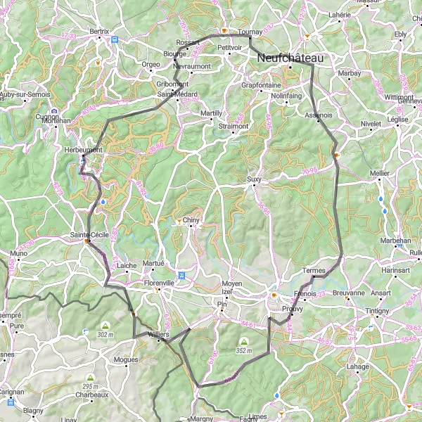 Map miniature of "Road Route - Neufchâteau to Hamipré and Chassepierre" cycling inspiration in Prov. Luxembourg (BE), Belgium. Generated by Tarmacs.app cycling route planner