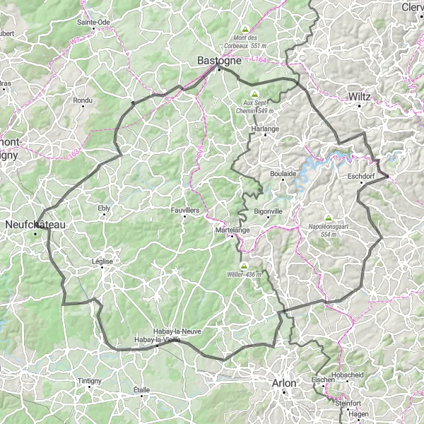 Map miniature of "Road Route - Neufchâteau to Longlier, Bastogne, and Platen" cycling inspiration in Prov. Luxembourg (BE), Belgium. Generated by Tarmacs.app cycling route planner