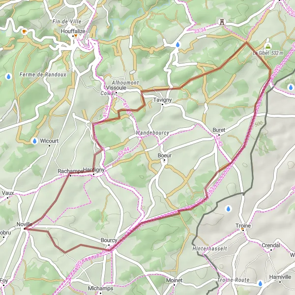 Map miniature of "Noville Gravel Loop" cycling inspiration in Prov. Luxembourg (BE), Belgium. Generated by Tarmacs.app cycling route planner