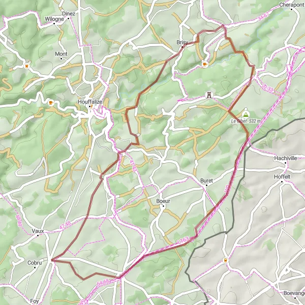 Karten-Miniaturansicht der Radinspiration "Gravel-Abenteuer rund um Bourcy" in Prov. Luxembourg (BE), Belgium. Erstellt vom Tarmacs.app-Routenplaner für Radtouren