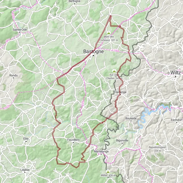 Karten-Miniaturansicht der Radinspiration "Rundfahrt durch die schöne Natur von Noville und Umgebung" in Prov. Luxembourg (BE), Belgium. Erstellt vom Tarmacs.app-Routenplaner für Radtouren