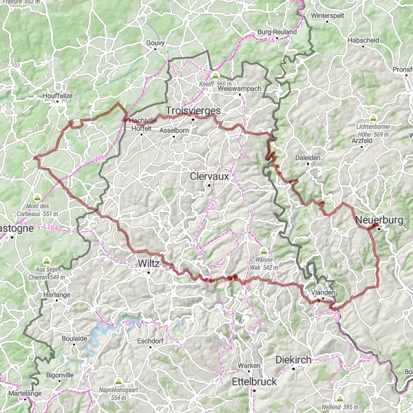 Map miniature of "Gravel Adventure through Noville" cycling inspiration in Prov. Luxembourg (BE), Belgium. Generated by Tarmacs.app cycling route planner