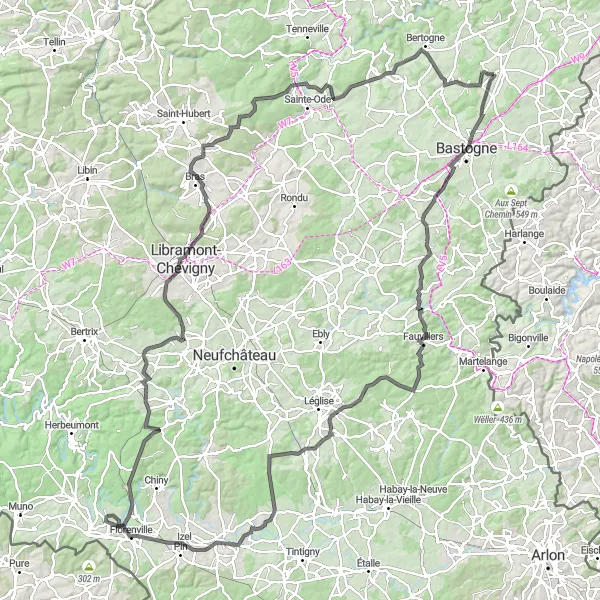 Map miniature of "Road Adventure" cycling inspiration in Prov. Luxembourg (BE), Belgium. Generated by Tarmacs.app cycling route planner
