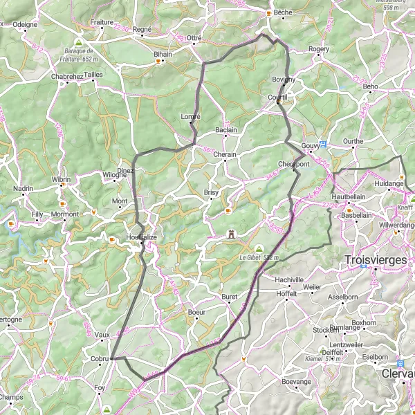 Karten-Miniaturansicht der Radinspiration "Historische Sehenswürdigkeiten zwischen Houffalize und Noville" in Prov. Luxembourg (BE), Belgium. Erstellt vom Tarmacs.app-Routenplaner für Radtouren