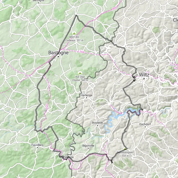 Map miniature of "Longvilly Road Expedition" cycling inspiration in Prov. Luxembourg (BE), Belgium. Generated by Tarmacs.app cycling route planner