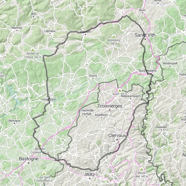 Karten-Miniaturansicht der Radinspiration "Roadtrip durch die historischen Orte in der Nähe von Noville" in Prov. Luxembourg (BE), Belgium. Erstellt vom Tarmacs.app-Routenplaner für Radtouren