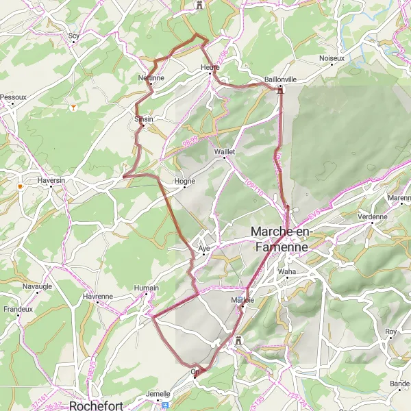 Map miniature of "Off-road Adventure in Baillonville" cycling inspiration in Prov. Luxembourg (BE), Belgium. Generated by Tarmacs.app cycling route planner