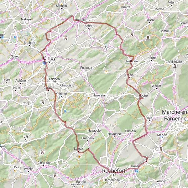 Map miniature of "Scenic Gravel Route through the Countryside" cycling inspiration in Prov. Luxembourg (BE), Belgium. Generated by Tarmacs.app cycling route planner