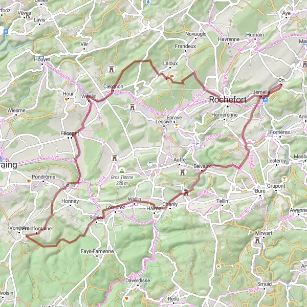 Map miniature of "Explore the Wilderness of Froidfontaine" cycling inspiration in Prov. Luxembourg (BE), Belgium. Generated by Tarmacs.app cycling route planner