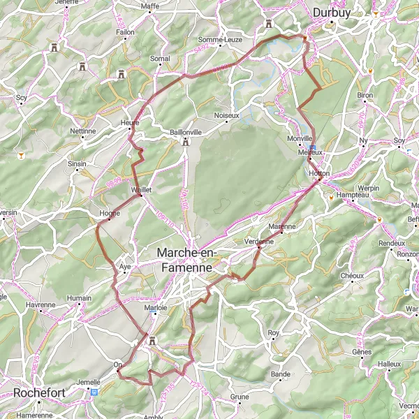 Map miniature of "Waillet - Heure - Verdenne - Waha - On Gravel Route" cycling inspiration in Prov. Luxembourg (BE), Belgium. Generated by Tarmacs.app cycling route planner