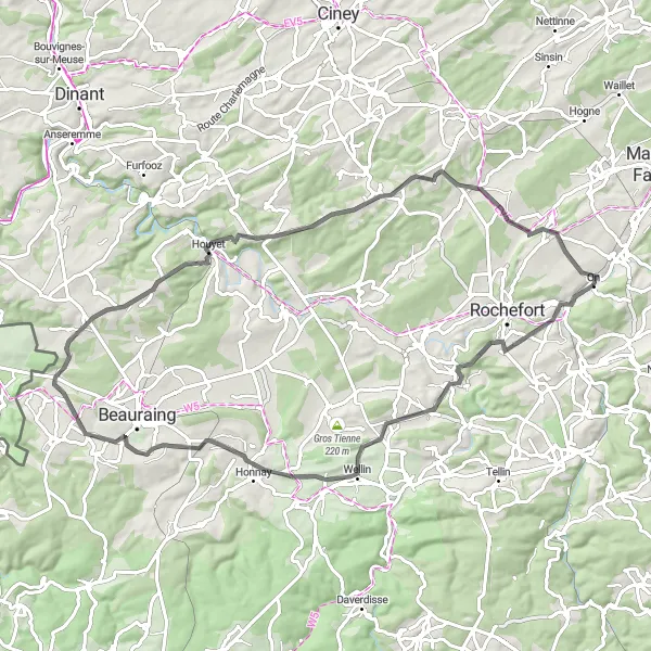 Map miniature of "Han-sur-Lesse - Pondrôme - Houyet - Buissonville Road Route" cycling inspiration in Prov. Luxembourg (BE), Belgium. Generated by Tarmacs.app cycling route planner