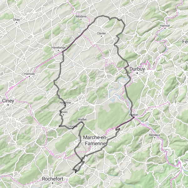 Map miniature of "Challenging Road Ride through Waillet" cycling inspiration in Prov. Luxembourg (BE), Belgium. Generated by Tarmacs.app cycling route planner