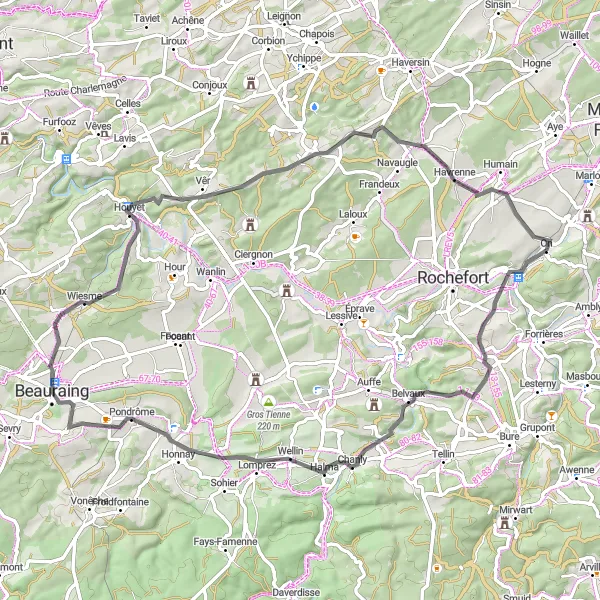 Map miniature of "Scenic Ride through Ardennes" cycling inspiration in Prov. Luxembourg (BE), Belgium. Generated by Tarmacs.app cycling route planner