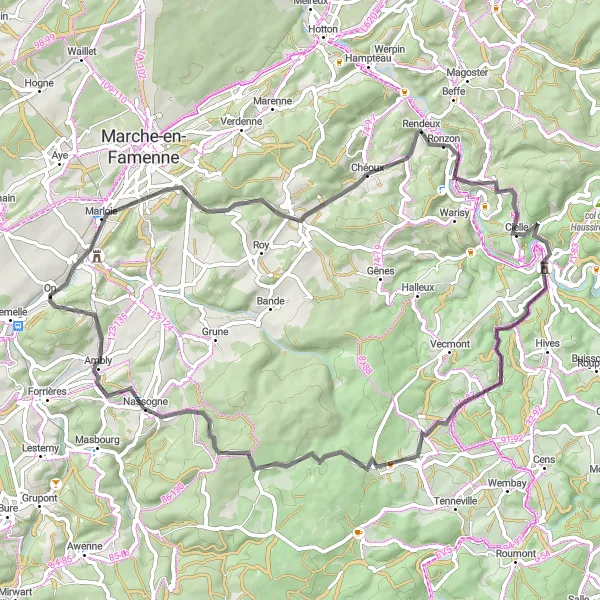 Map miniature of "Marloie - Marcourt - La Roche-en-Ardenne - Journal - Nassogne - On Road Route" cycling inspiration in Prov. Luxembourg (BE), Belgium. Generated by Tarmacs.app cycling route planner