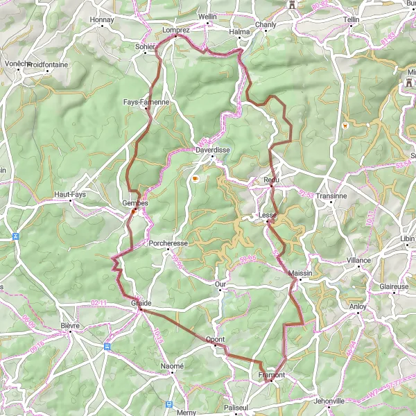 Miniatuurkaart van de fietsinspiratie "Verkenning van Opont en Redu per gravelbike" in Prov. Luxembourg (BE), Belgium. Gemaakt door de Tarmacs.app fietsrouteplanner