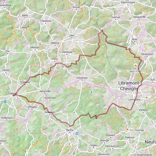 Map miniature of "Nature's Serenity and Charming Villages" cycling inspiration in Prov. Luxembourg (BE), Belgium. Generated by Tarmacs.app cycling route planner