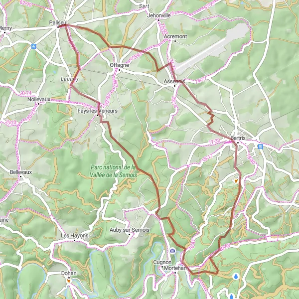 Miniatuurkaart van de fietsinspiratie "Graveltocht van Paliseul naar Fays-les-Veneurs" in Prov. Luxembourg (BE), Belgium. Gemaakt door de Tarmacs.app fietsrouteplanner