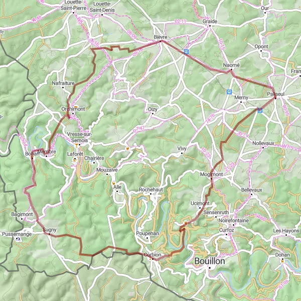 Miniatuurkaart van de fietsinspiratie "Graveltocht naar Naomé en Botassart" in Prov. Luxembourg (BE), Belgium. Gemaakt door de Tarmacs.app fietsrouteplanner