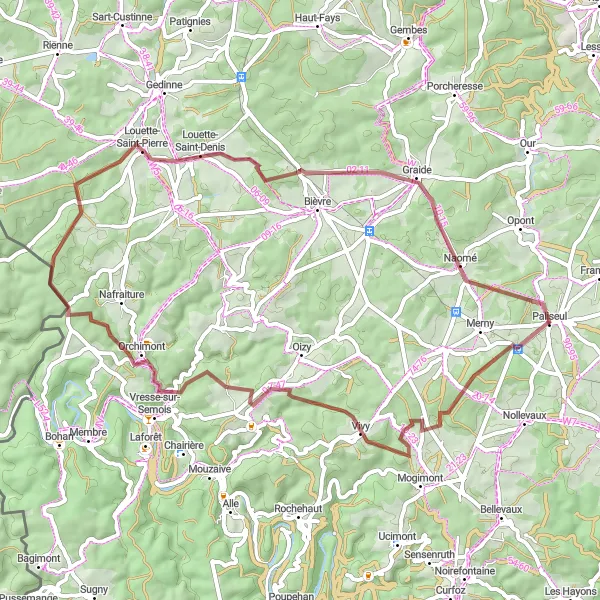Karten-Miniaturansicht der Radinspiration "Graveltour von Paliseul nach Naomé" in Prov. Luxembourg (BE), Belgium. Erstellt vom Tarmacs.app-Routenplaner für Radtouren