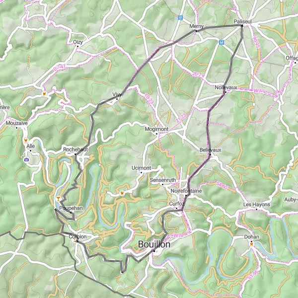 Miniatuurkaart van de fietsinspiratie "Fietsroute van Poupehan naar Carlsbourg" in Prov. Luxembourg (BE), Belgium. Gemaakt door de Tarmacs.app fietsrouteplanner