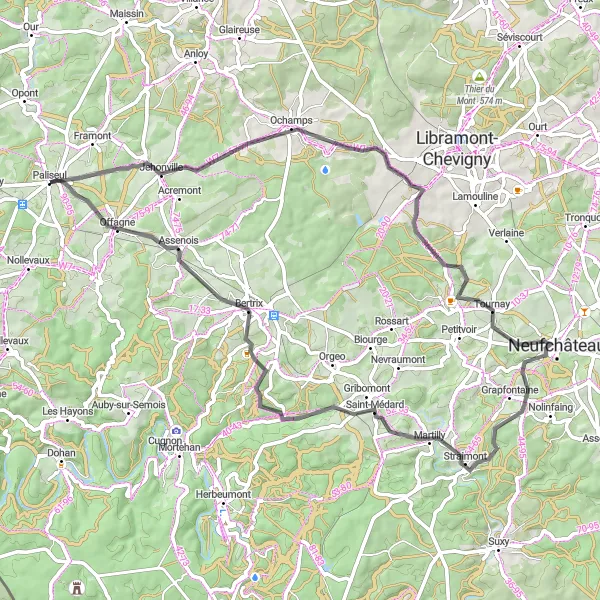 Karten-Miniaturansicht der Radinspiration "Road Rundweg ab Paliseul" in Prov. Luxembourg (BE), Belgium. Erstellt vom Tarmacs.app-Routenplaner für Radtouren