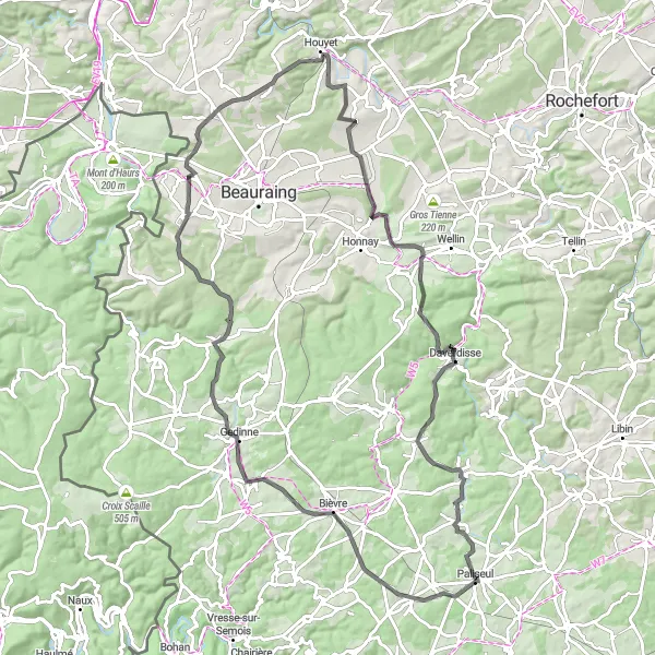 Map miniature of "The Road Challenge" cycling inspiration in Prov. Luxembourg (BE), Belgium. Generated by Tarmacs.app cycling route planner