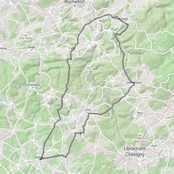 Miniatuurkaart van de fietsinspiratie "Rondrit vanuit Paliseul naar Saint-Hubert en terug" in Prov. Luxembourg (BE), Belgium. Gemaakt door de Tarmacs.app fietsrouteplanner