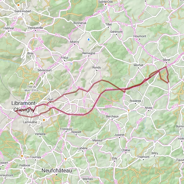 Miniature de la carte de l'inspiration cycliste "Itinéraire d'Ourt à Planchipont" dans la Prov. Luxembourg (BE), Belgium. Générée par le planificateur d'itinéraire cycliste Tarmacs.app