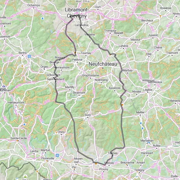 Map miniature of "Offaing and Neuvillers Loop" cycling inspiration in Prov. Luxembourg (BE), Belgium. Generated by Tarmacs.app cycling route planner