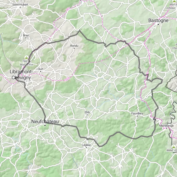 Map miniature of "Les Forêts Ardennaises" cycling inspiration in Prov. Luxembourg (BE), Belgium. Generated by Tarmacs.app cycling route planner