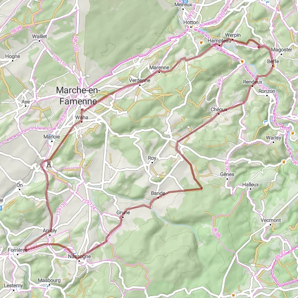 Karten-Miniaturansicht der Radinspiration "Abenteuerliche Schotterwege rund um Rendeux" in Prov. Luxembourg (BE), Belgium. Erstellt vom Tarmacs.app-Routenplaner für Radtouren